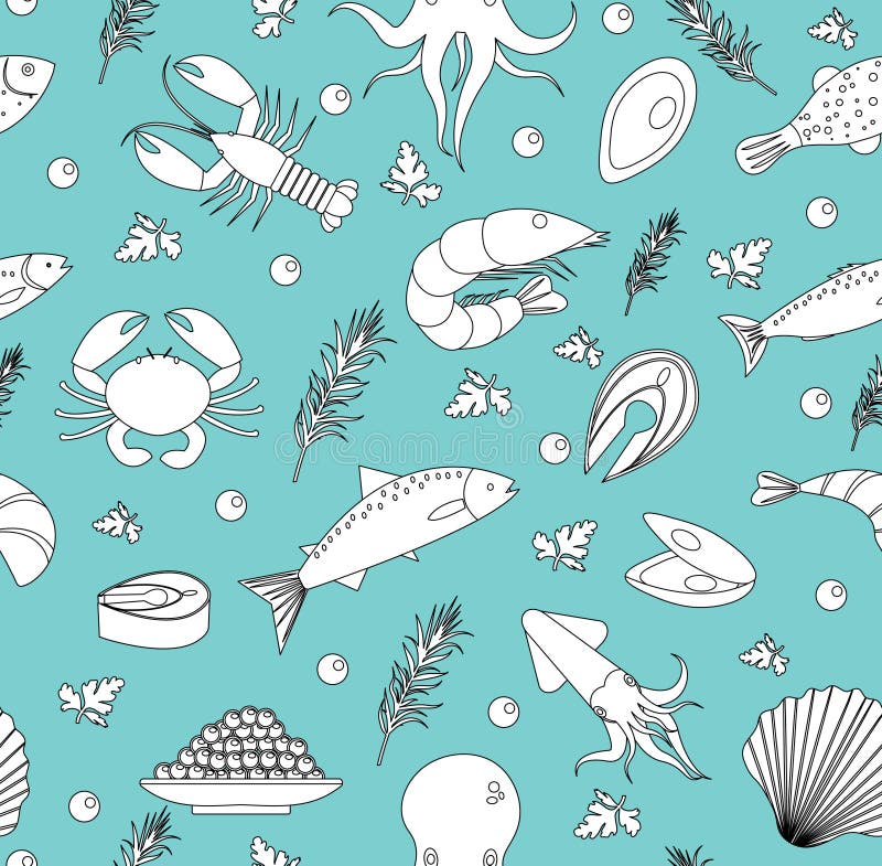 Teste padrão sem emenda da vida de mar Fundo infinito subaquático, textura Entregue o desenho, esboço, linha, estilo da garatuja ilustração stock Teste padrão sem emenda da vida de mar Fundo infinito subaquático, textura Entregue o desenho, esboço, linha, estilo da garatuja ilustração stock