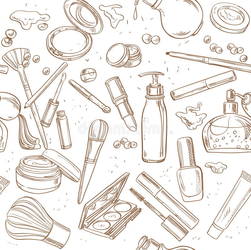 Teste padrão sem emenda das garatujas do creme cosmético, batom, powde ilustração do vetor Teste padrão sem emenda das garatujas do creme cosmético, batom, powde ilustração do vetor