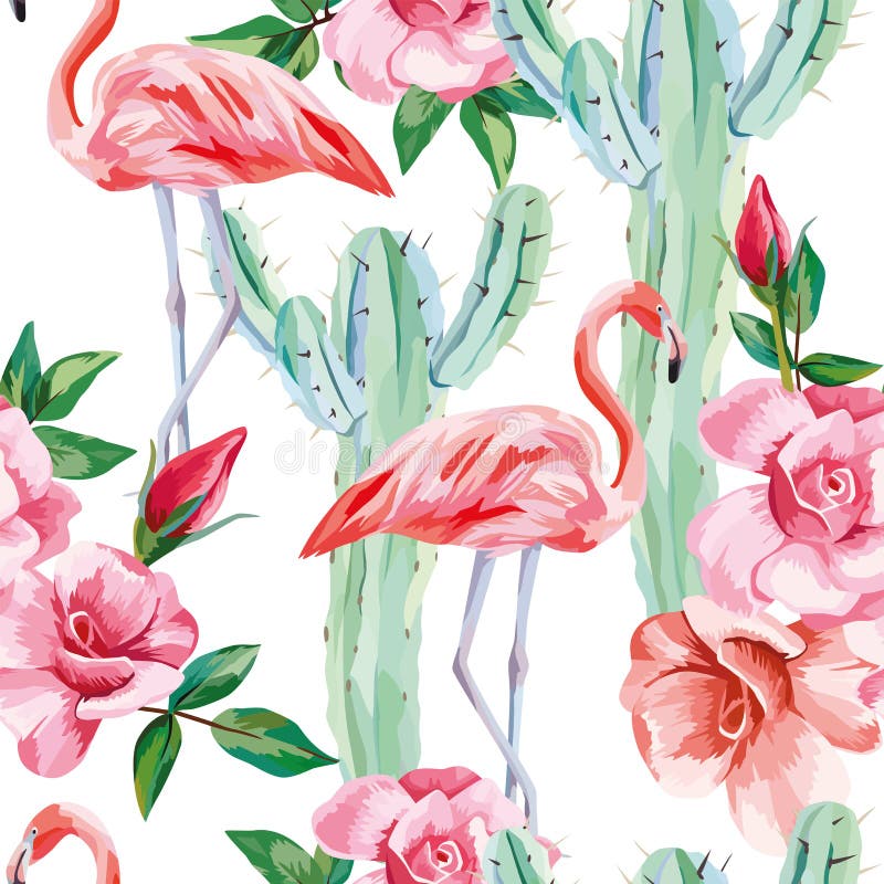 Teste padrão sem emenda das rosas dos cactos do flamingo ilustração do vetor Teste padrão sem emenda das rosas dos cactos do flamingo ilustração do vetor