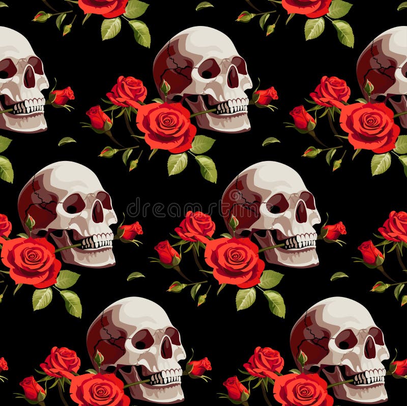 Teste padrão sem emenda de Dia das Bruxas com crânios e as rosas vermelhas em um fundo preto ilustração royalty free Teste padrão sem emenda de Dia das Bruxas com crânios e as rosas vermelhas em um fundo preto ilustração royalty free