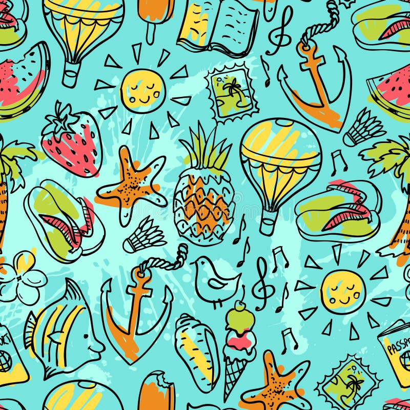 Teste padrão sem emenda de ícones do verão da garatuja do vetor ilustração stock Teste padrão sem emenda de ícones do verão da garatuja do vetor ilustração stock