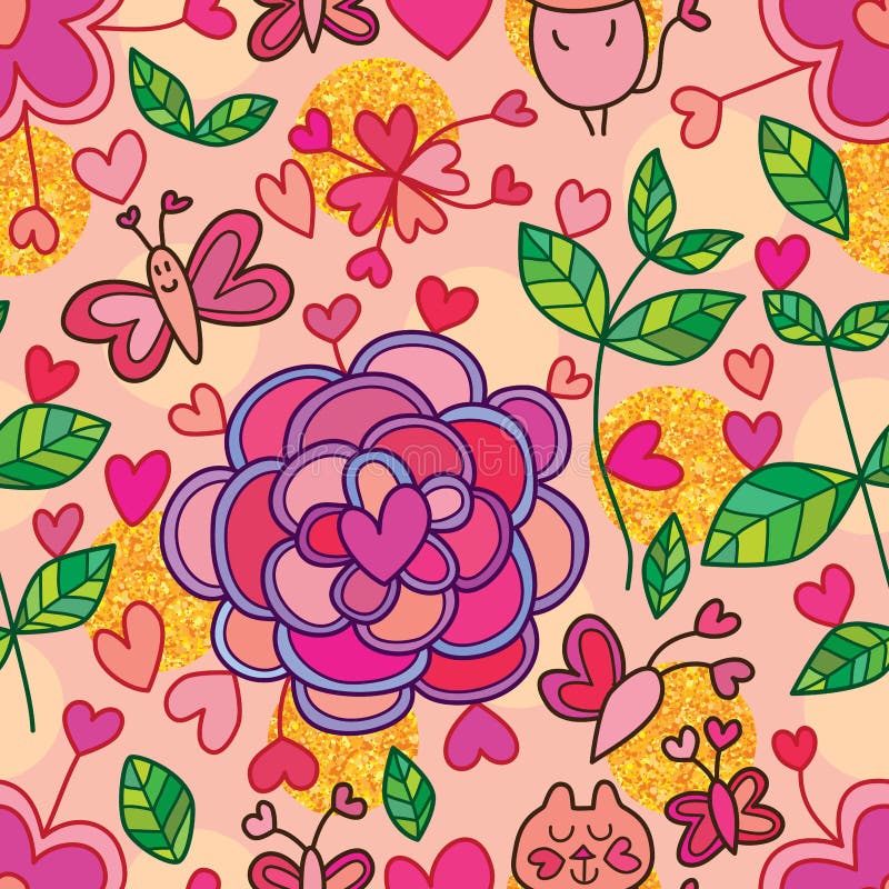 Teste padrão sem emenda do brilho do ouro do amor da flor de borboleta do gato ilustração do vetor Teste padrão sem emenda do brilho do ouro do amor da flor de borboleta do gato ilustração do vetor