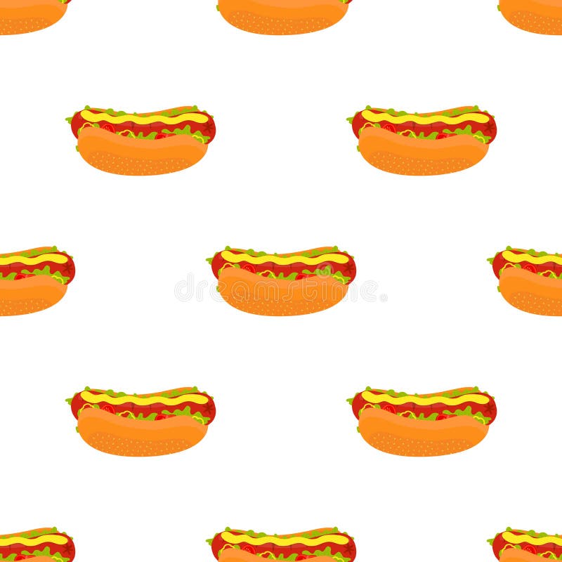 Teste padrão sem emenda do cachorro quente do vetor Fast food da salsicha tipo frankfurter Estilo liso dos desenhos animados ilustração royalty free Teste padrão sem emenda do cachorro quente do vetor Fast food da salsicha tipo frankfurter Estilo liso dos desenhos animados ilustração royalty free