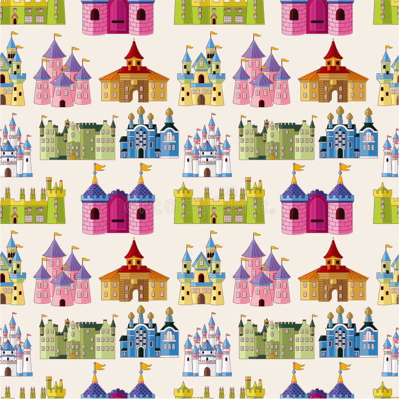Teste padrão sem emenda do castelo do conto de fadas dos desenhos animados ilustração royalty free Teste padrão sem emenda do castelo do conto de fadas dos desenhos animados ilustração royalty free