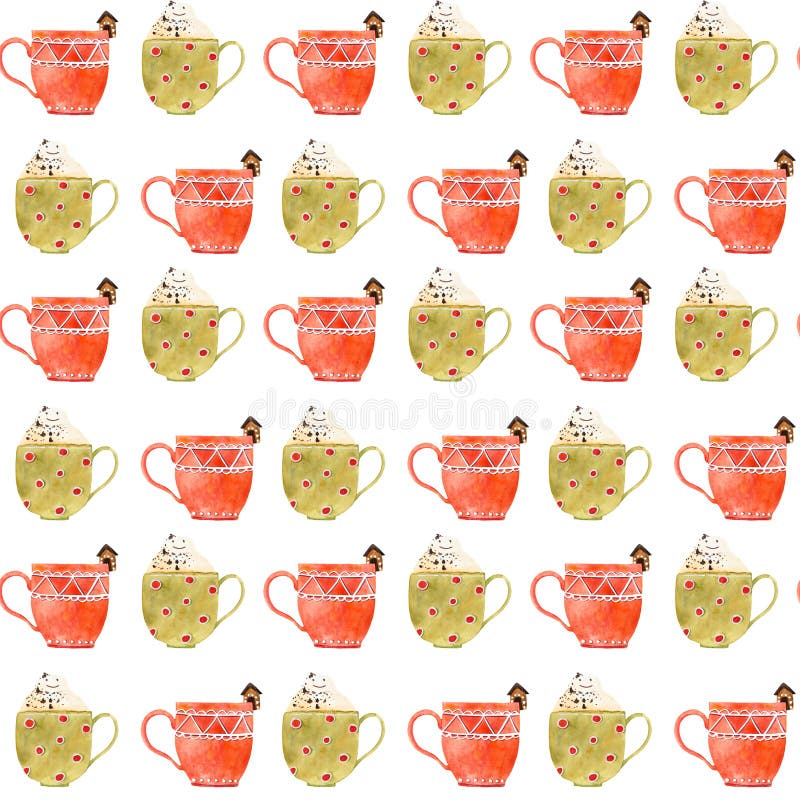 Teste padrão sem emenda do chá ou do café do Natal da aquarela ilustração stock Teste padrão sem emenda do chá ou do café do Natal da aquarela ilustração stock