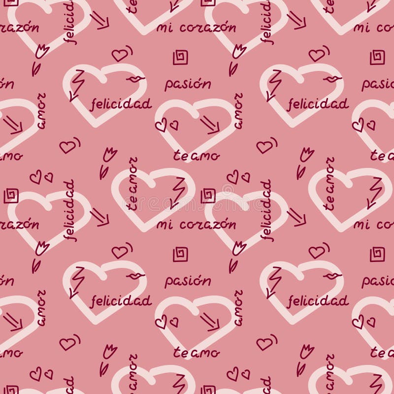 Teste padrão sem emenda do desenho da mão da garatuja no fundo cor-de-rosa Palavras, frases do amor no espanhol, corações, setas, ilustração royalty free Teste padrão sem emenda do desenho da mão da garatuja no fundo cor-de-rosa Palavras, frases do amor no espanhol, corações, setas, ilustração royalty free