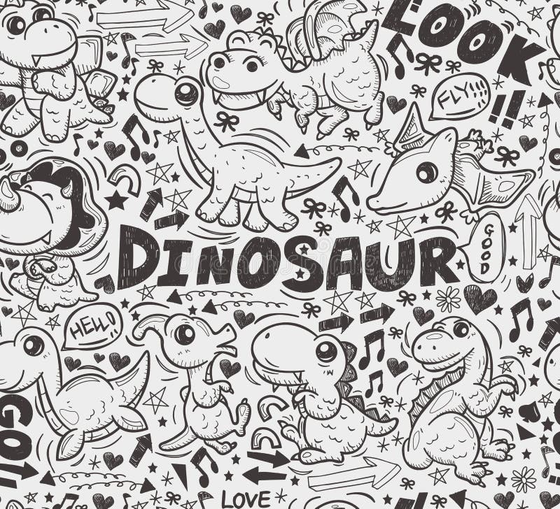 Padrão contínuo de doodles de dinossauros ilustração do vetor