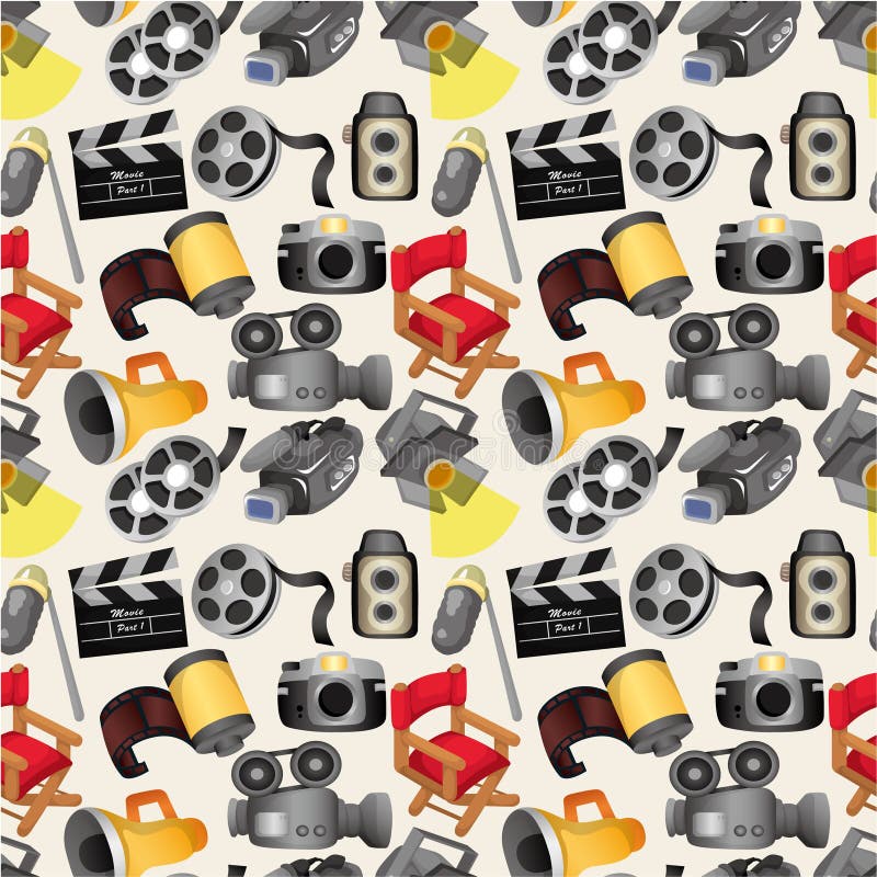 Teste padrão sem emenda do equipamento do filme dos desenhos animados ilustração stock Teste padrão sem emenda do equipamento do filme dos desenhos animados ilustração stock