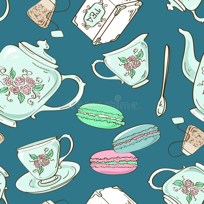 Teste padrão sem emenda do grupo de chá e de bolinhos de amêndoa franceses ilustração royalty free Teste padrão sem emenda do grupo de chá e de bolinhos de amêndoa franceses ilustração royalty free