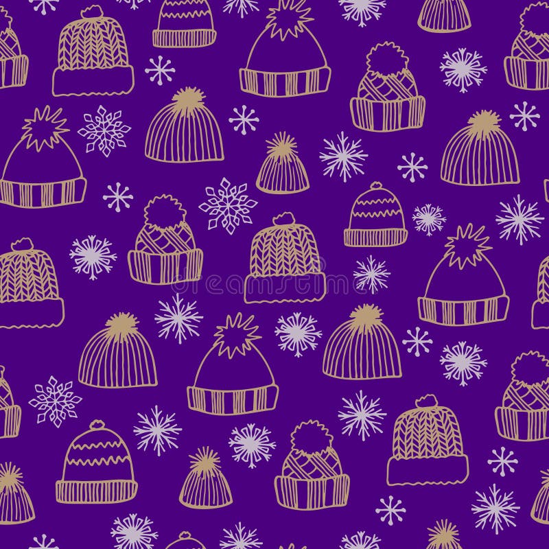 Teste padrão sem emenda do inverno com os chapéus e os flocos de neve feitos malha tirados mão em um fundo roxo ilustração royalty free Teste padrão sem emenda do inverno com os chapéus e os flocos de neve feitos malha tirados mão em um fundo roxo ilustração royalty free
