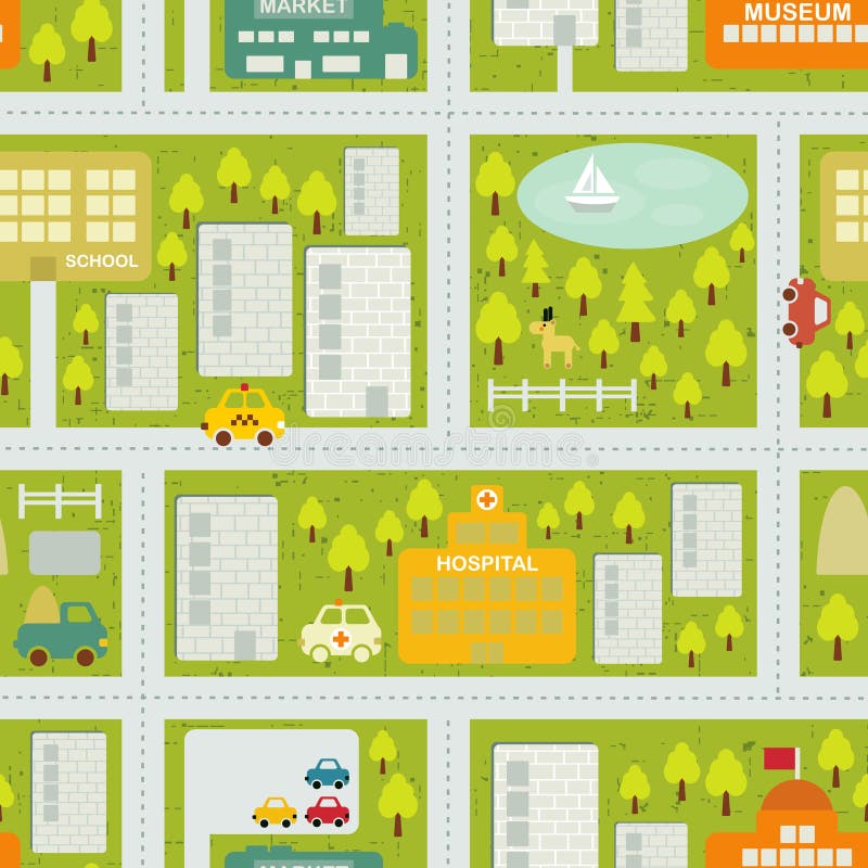 Teste padrão sem emenda do mapa dos desenhos animados da cidade do verão. ilustração do vetor Teste padrão sem emenda do mapa dos desenhos animados da cidade do verão. ilustração do vetor