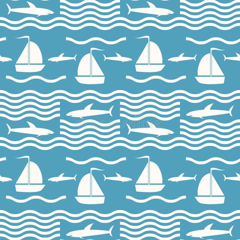 Teste padrão sem emenda do mar azul e branco com tubarões e navio de navigação ilustração royalty free Teste padrão sem emenda do mar azul e branco com tubarões e navio de navigação ilustração royalty free