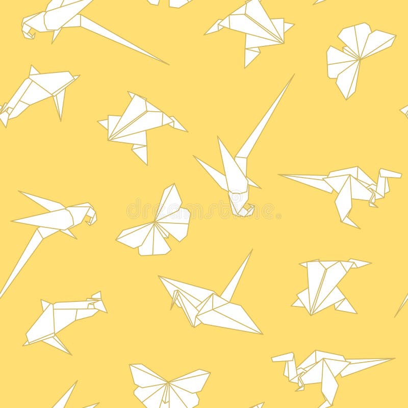 Teste padrão sem emenda do origâmi do vetor com os animais de papel do desenho Fundo amarelo decorativo ilustração stock Teste padrão sem emenda do origâmi do vetor com os animais de papel do desenho Fundo amarelo decorativo ilustração stock