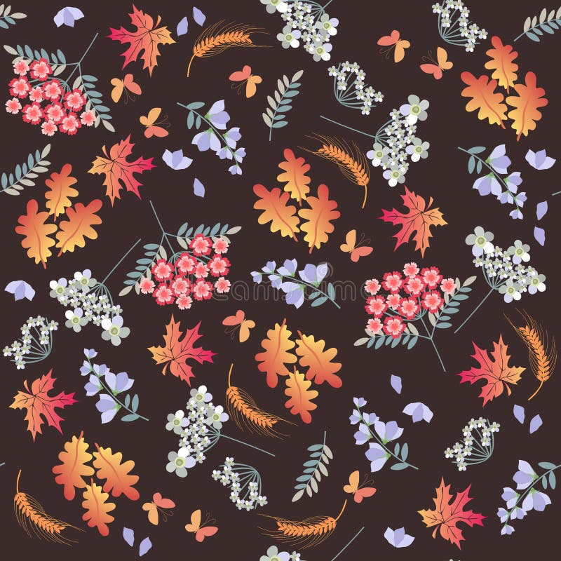 Teste padrão sem emenda do outono com borboletas, carvalho e folhas de bordo, orelhas do trigo, flores diferentes no fundo marrom ilustração do vetor Teste padrão sem emenda do outono com borboletas, carvalho e folhas de bordo, orelhas do trigo, flores diferentes no fundo marrom ilustração do vetor