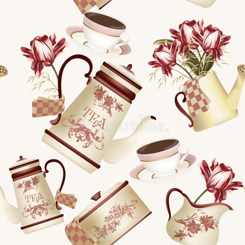 Teste padrão sem emenda do papel de parede com bules, copos e flores ilustração royalty free Teste padrão sem emenda do papel de parede com bules, copos e flores ilustração royalty free