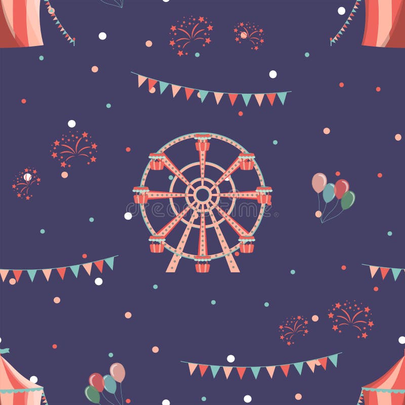 Teste padrão sem emenda do parque de diversões com roda e circo de ferris ilustração do vetor Teste padrão sem emenda do parque de diversões com roda e circo de ferris ilustração do vetor