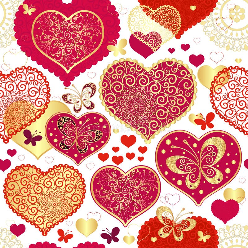 Seamless valentine pattern with red and gold hearts and butterflies (vector). Seamless valentine pattern with red and gold hearts and butterflies (vector)