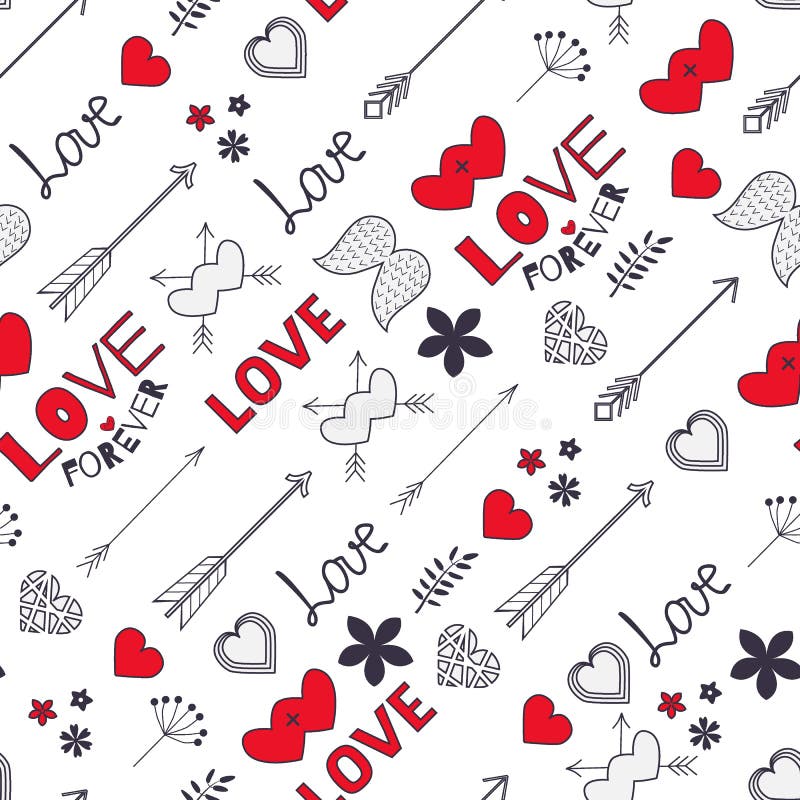 Teste padrão sem emenda do Valentim com corações, setas, asas, flores a ilustração stock Teste padrão sem emenda do Valentim com corações, setas, asas, flores a ilustração stock