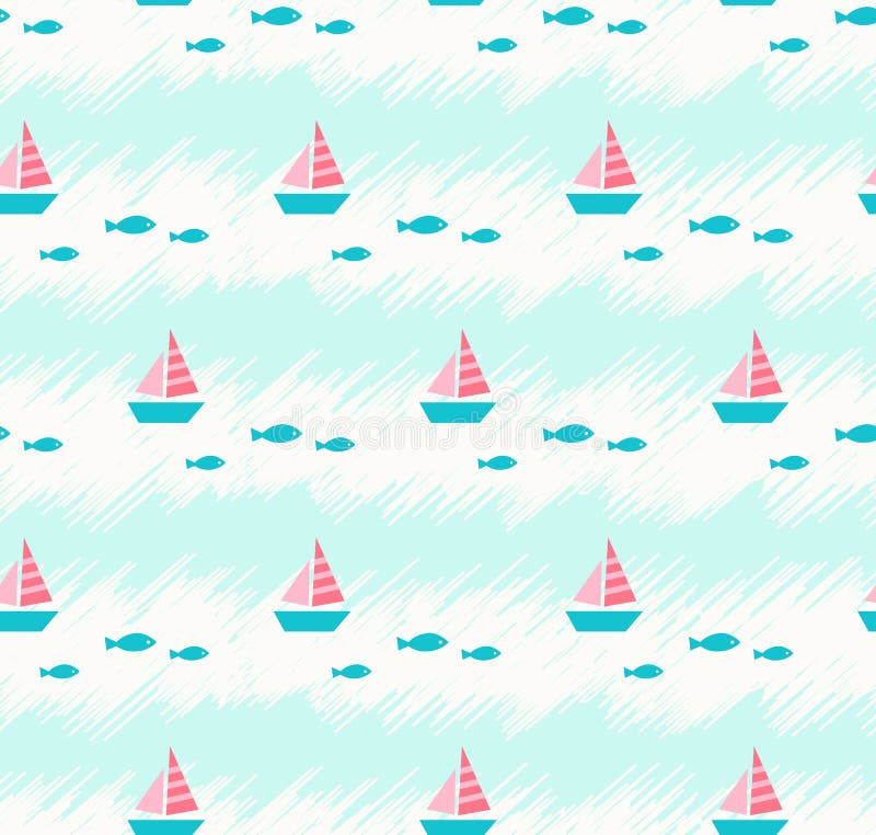 Teste padrão sem emenda do verão com barcos e peixes ilustração do vetor Teste padrão sem emenda do verão com barcos e peixes ilustração do vetor