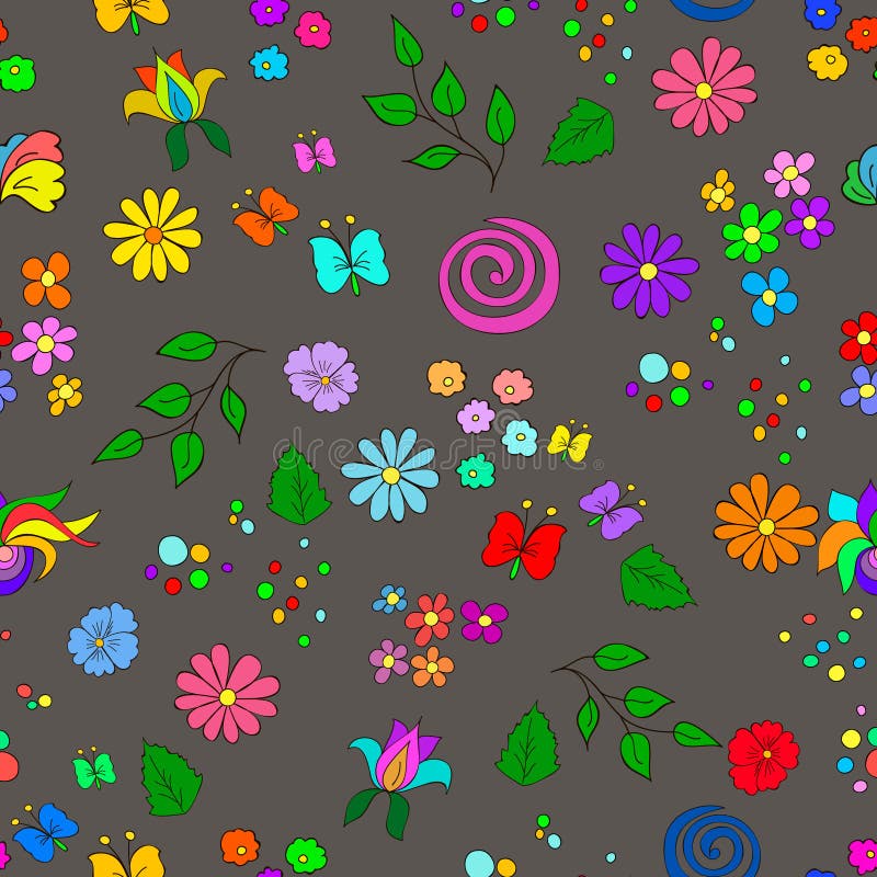 Teste padrão sem emenda do verão do ` s das crianças com flores, folhas, redemoinhos e borboleta ilustração stock Teste padrão sem emenda do verão do ` s das crianças com flores, folhas, redemoinhos e borboleta ilustração stock