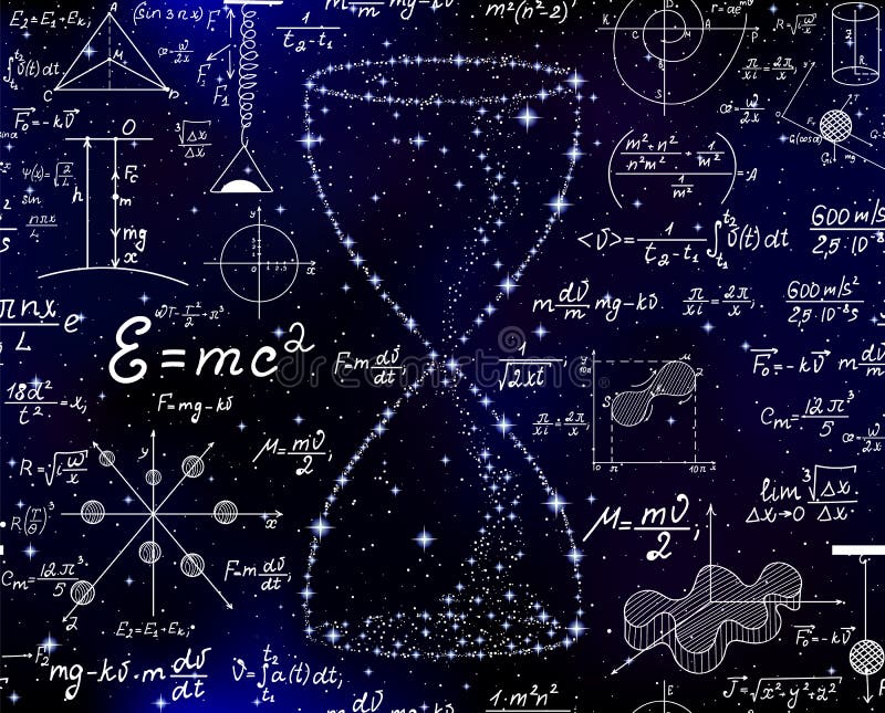 Teste padrão sem emenda do vetor com a ampulheta feita das estrelas e de fórmulas escritas à mão da matemática no fundo estrelado ilustração royalty free Teste padrão sem emenda do vetor com a ampulheta feita das estrelas e de fórmulas escritas à mão da matemática no fundo estrelado ilustração royalty free