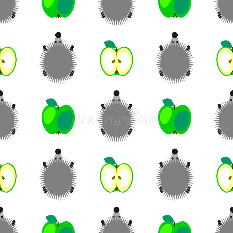 Teste padrão sem emenda do vetor com animais, fundo colorido com ouriços e maçãs verdes, sobre o contexto claro ilustração stock Teste padrão sem emenda do vetor com animais, fundo colorido com ouriços e maçãs verdes, sobre o contexto claro ilustração stock