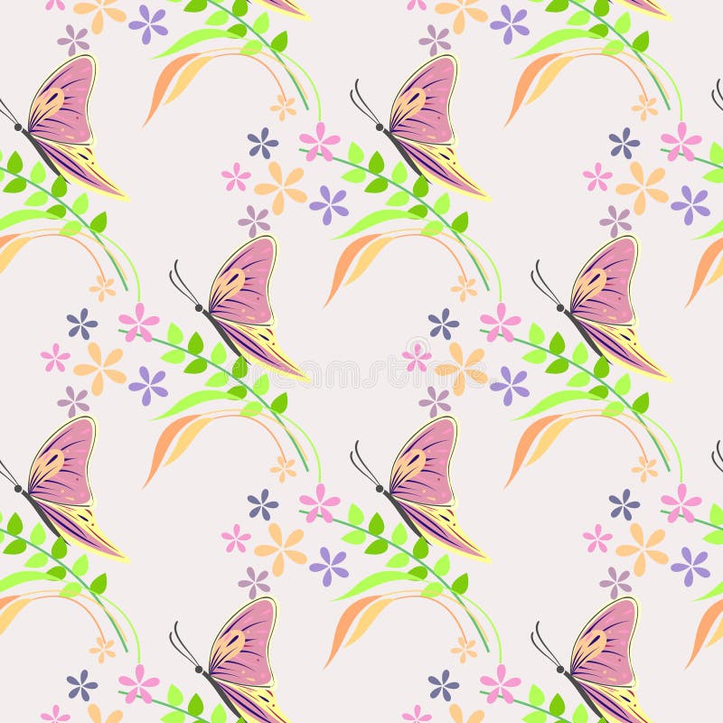 Teste padrão sem emenda do vetor com insetos, fundo com borboletas coloridas, flores e ramos com as folhas sobre o contexto claro ilustração royalty free Teste padrão sem emenda do vetor com insetos, fundo com borboletas coloridas, flores e ramos com as folhas sobre o contexto claro ilustração royalty free