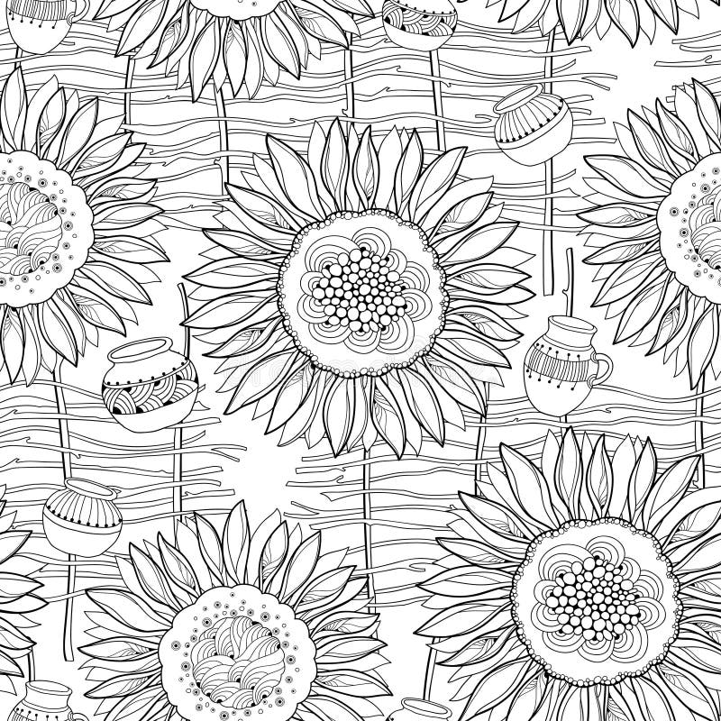 Teste padrão sem emenda do vetor com o girassol aberto do esboço, a cerca de vime e o jarro no fundo branco Teste padrão floral d ilustração royalty free Teste padrão sem emenda do vetor com o girassol aberto do esboço, a cerca de vime e o jarro no fundo branco Teste padrão floral d ilustração royalty free
