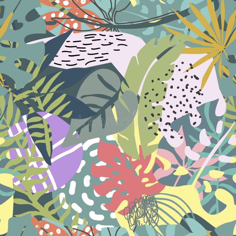 Teste padrão sem emenda do vetor com plantas tropicais e para entregar texturas abstratas tiradas ilustração do vetor Teste padrão sem emenda do vetor com plantas tropicais e para entregar texturas abstratas tiradas ilustração do vetor