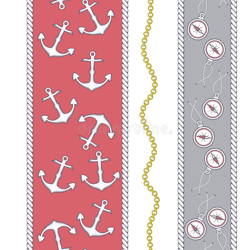 Teste padrão sem emenda do vetor moderno na moda elegante com a âncora bonita da forma, a corrente, o compasso e corda marinha ilustração royalty free Teste padrão sem emenda do vetor moderno na moda elegante com a âncora bonita da forma, a corrente, o compasso e corda marinha ilustração royalty free