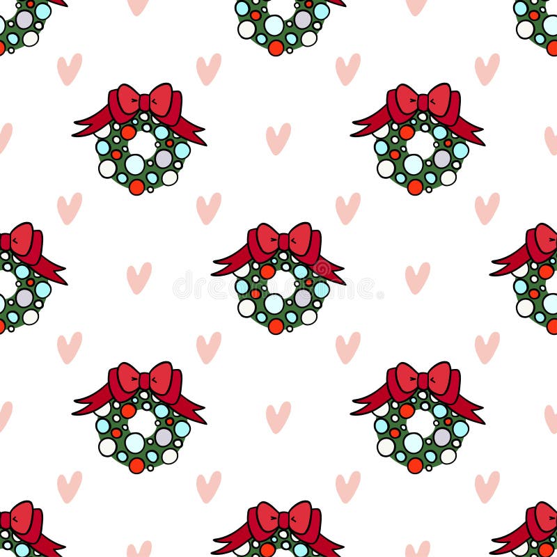 Teste padrão sem emenda do vetor para o projeto da decoração Grinalda do Natal com corações no contexto claro ilustração stock Teste padrão sem emenda do vetor para o projeto da decoração Grinalda do Natal com corações no contexto claro ilustração stock
