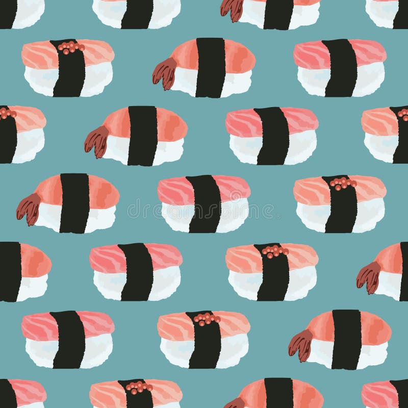 Teste padrão sem emenda do vetor do sushi com com o atum, salmão, camarão ilustração do vetor Teste padrão sem emenda do vetor do sushi com com o atum, salmão, camarão ilustração do vetor