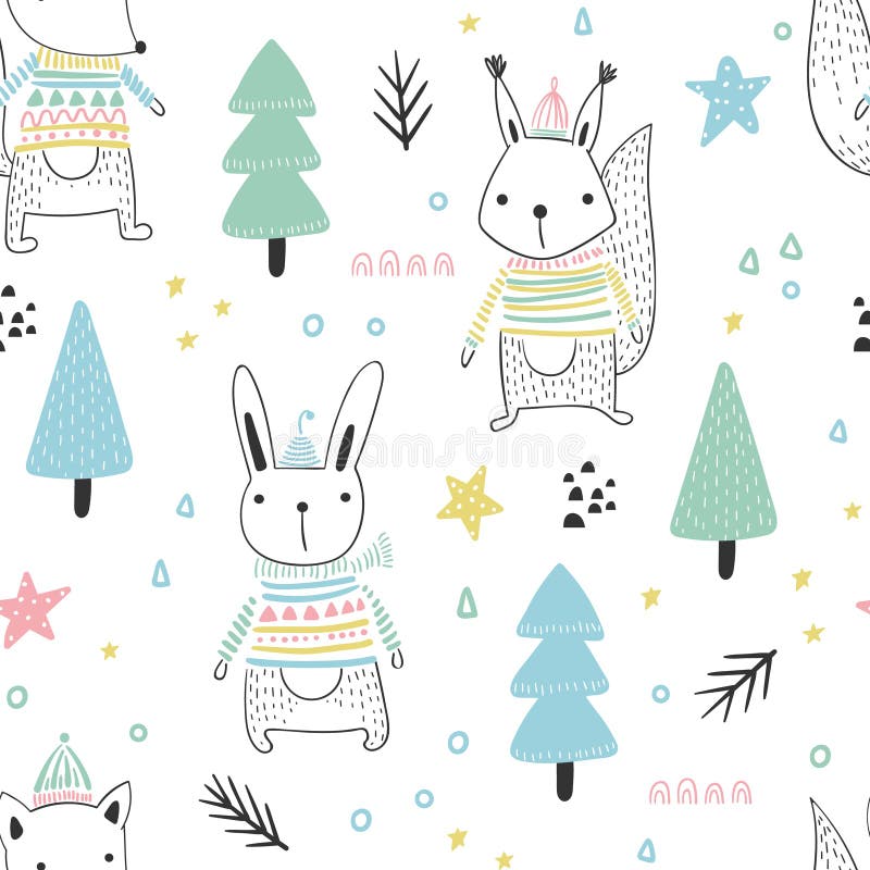Teste padrão sem emenda dos animais bonitos da floresta ilustração stock Teste padrão sem emenda dos animais bonitos da floresta ilustração stock