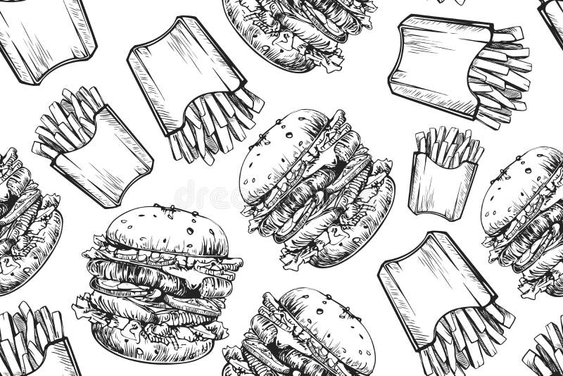 Teste padrão sem emenda dos hamburgueres Hamburger e batatas fritas tirados mão Fast food, teste padrão da comida lixo Alimento a ilustração do vetor Teste padrão sem emenda dos hamburgueres Hamburger e batatas fritas tirados mão Fast food, teste padrão da comida lixo Alimento a ilustração do vetor