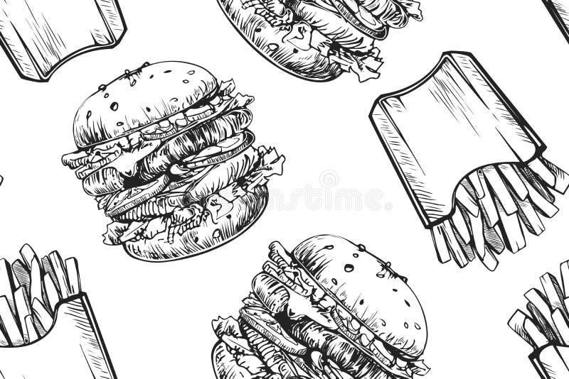 Teste padrão sem emenda dos hamburgueres Hamburger e batatas fritas tirados mão Fast food, teste padrão da comida lixo Alimento a ilustração royalty free Teste padrão sem emenda dos hamburgueres Hamburger e batatas fritas tirados mão Fast food, teste padrão da comida lixo Alimento a ilustração royalty free