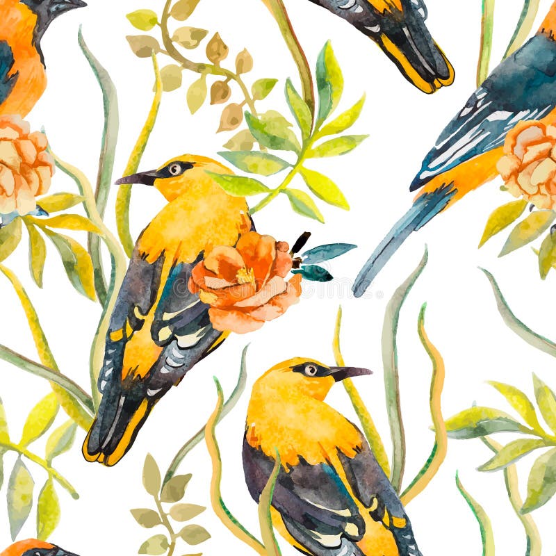 Teste padrão sem emenda dos pássaros e das plantas ilustração do vetor Teste padrão sem emenda dos pássaros e das plantas ilustração do vetor