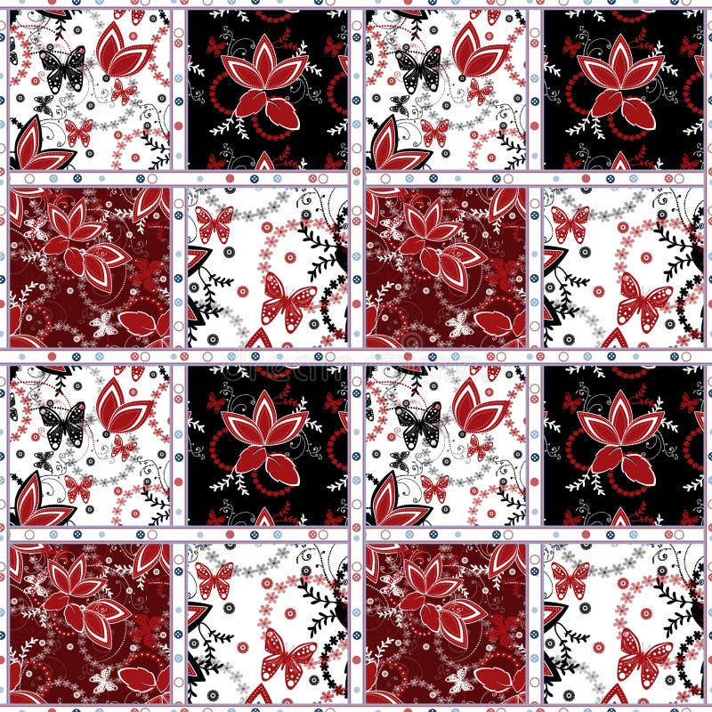 Teste padrão sem emenda dos retalhos com flores e borboletas ilustração stock Teste padrão sem emenda dos retalhos com flores e borboletas ilustração stock