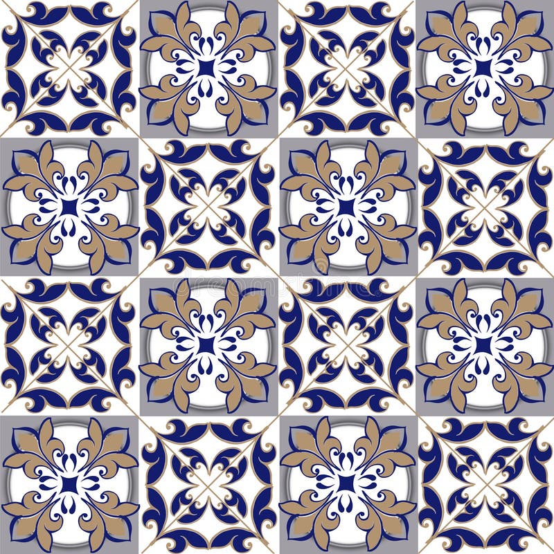 Teste padrão sem emenda dos retalhos do marroquino, das telhas portuguesas em cores azuis e marrons O ornamento decorativo pode s ilustração stock Teste padrão sem emenda dos retalhos do marroquino, das telhas portuguesas em cores azuis e marrons O ornamento decorativo pode s ilustração stock
