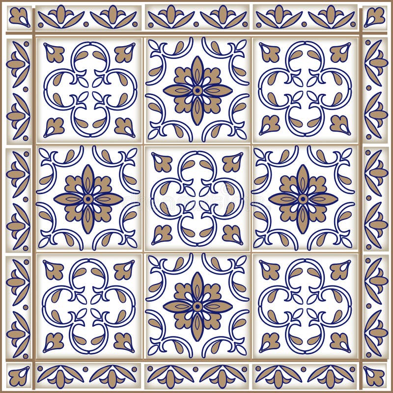 Teste padrão sem emenda dos retalhos do marroquino, das telhas portuguesas em cores azuis e marrons O ornamento decorativo pode s ilustração stock Teste padrão sem emenda dos retalhos do marroquino, das telhas portuguesas em cores azuis e marrons O ornamento decorativo pode s ilustração stock