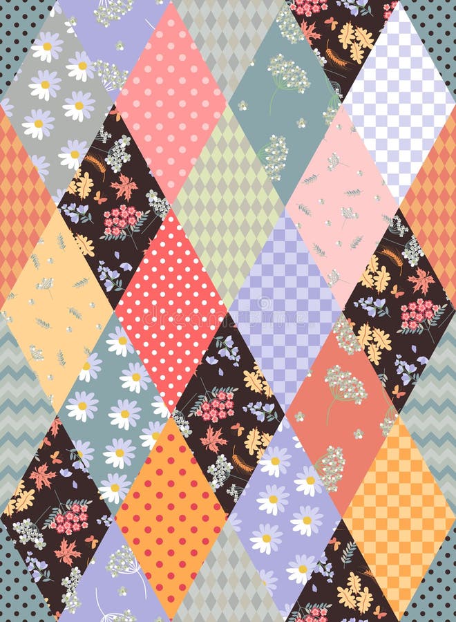 Teste padrão sem emenda dos retalhos dos remendos diferentes do rombo com o ornamento geométrico e floral ilustração do vetor Teste padrão sem emenda dos retalhos dos remendos diferentes do rombo com o ornamento geométrico e floral ilustração do vetor