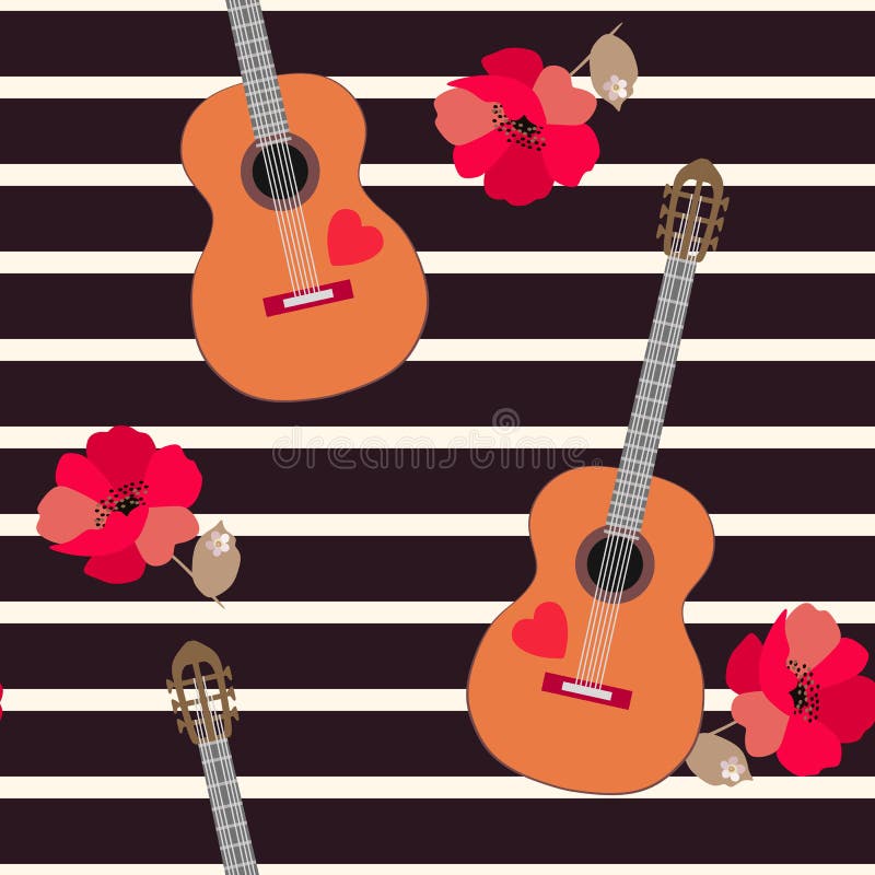 Teste padrão sem emenda elegante com guitarra acústicas e as papoilas vermelhas no fundo listrado preto e bege ilustração do vetor Teste padrão sem emenda elegante com guitarra acústicas e as papoilas vermelhas no fundo listrado preto e bege ilustração do vetor