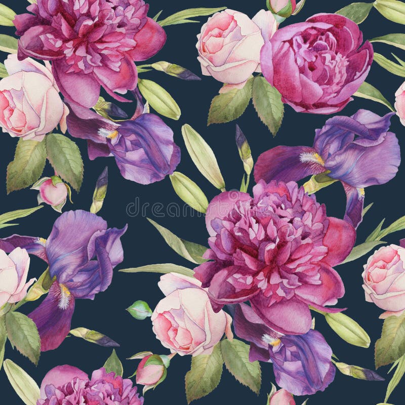 Teste padrão sem emenda floral com peônias, rosas e íris da aquarela ilustração stock Teste padrão sem emenda floral com peônias, rosas e íris da aquarela ilustração stock