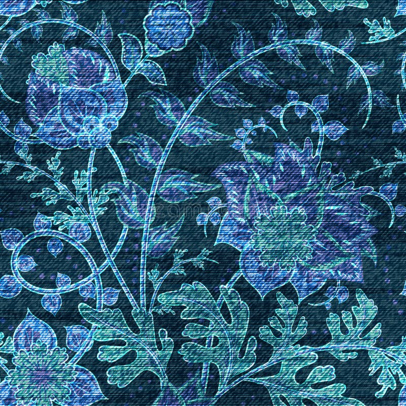 Teste padrão sem emenda floral da sarja de Nimes do vetor Fundo das calças de brim com flores de Rosa Pano azul ilustração royalty free Teste padrão sem emenda floral da sarja de Nimes do vetor Fundo das calças de brim com flores de Rosa Pano azul ilustração royalty free