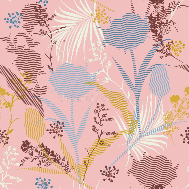 Teste padrão sem emenda floral da silhueta botânica do vetor na listra colorida moderna Suficiência-em, papel de parede delicado, ilustração royalty free Teste padrão sem emenda floral da silhueta botânica do vetor na listra colorida moderna Suficiência-em, papel de parede delicado, ilustração royalty free
