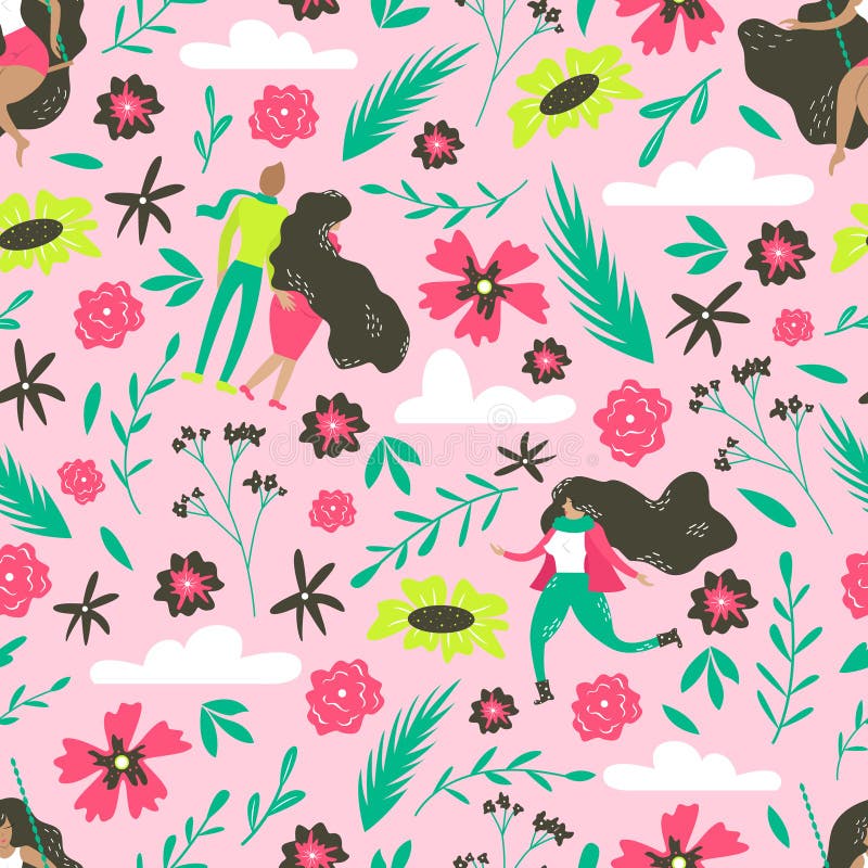 Teste padrão sem emenda floral desenhado à mão Ilustração botânica do vetor com povos bonitos ilustração royalty free Teste padrão sem emenda floral desenhado à mão Ilustração botânica do vetor com povos bonitos ilustração royalty free