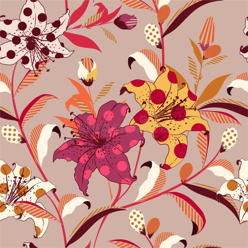 Teste padrão sem emenda floral do vetor na moda retro no estilo colorido do pop art suficiência-com no às bolinhas e listrado, pr ilustração do vetor Teste padrão sem emenda floral do vetor na moda retro no estilo colorido do pop art suficiência-com no às bolinhas e listrado, pr ilustração do vetor