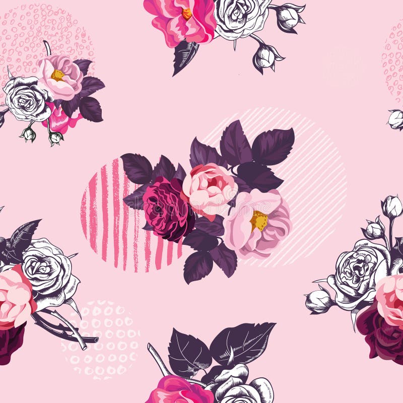 Teste padrão sem emenda floral do vintage com monochrome e as rosas selvagens coloridas e círculos com texturas sujas no rosa ilustração do vetor Teste padrão sem emenda floral do vintage com monochrome e as rosas selvagens coloridas e círculos com texturas sujas no rosa ilustração do vetor