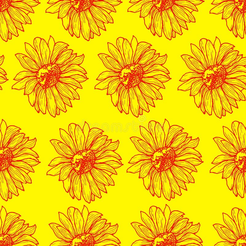 Bright sunny floral seamless pattern with sunflowers, orange outline on yellow background, sketch, doodle style. Vector hand drawing illustration of a floral cartoon card.r. Bright sunny floral seamless pattern with sunflowers, orange outline on yellow background, sketch, doodle style. Vector hand drawing illustration of a floral cartoon card.r