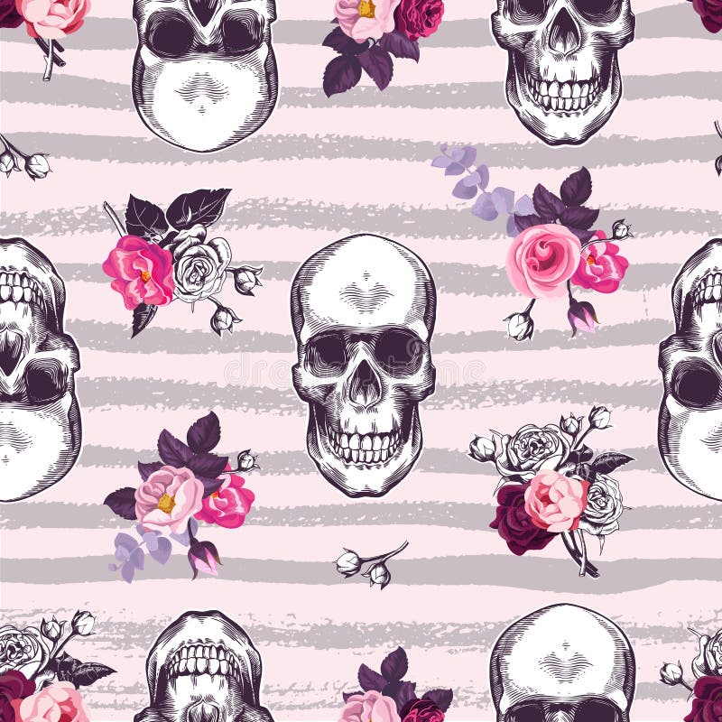 Teste padrão sem emenda Kitschy com crânios humanos e os botões metade-coloridos de flores cor-de-rosa contra o fundo cor-de-rosa ilustração royalty free Teste padrão sem emenda Kitschy com crânios humanos e os botões metade-coloridos de flores cor-de-rosa contra o fundo cor-de-rosa ilustração royalty free