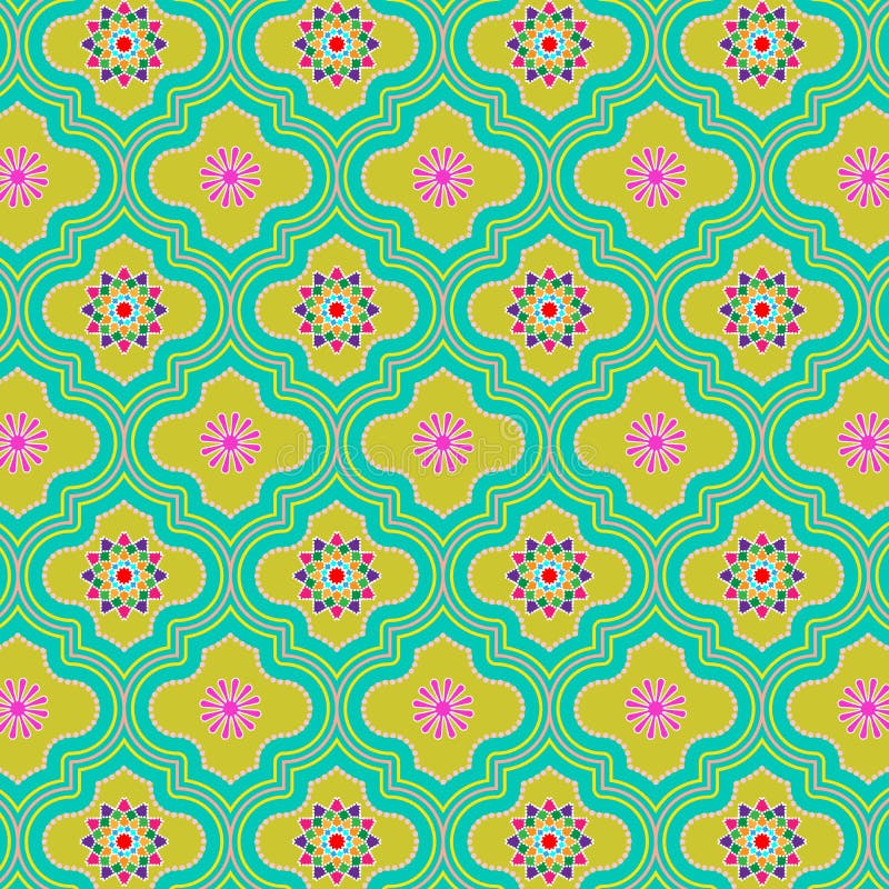 Teste padrão sem emenda marroquino decorado colorido verde bonito com designs florais coloridos ilustração stock Teste padrão sem emenda marroquino decorado colorido verde bonito com designs florais coloridos ilustração stock